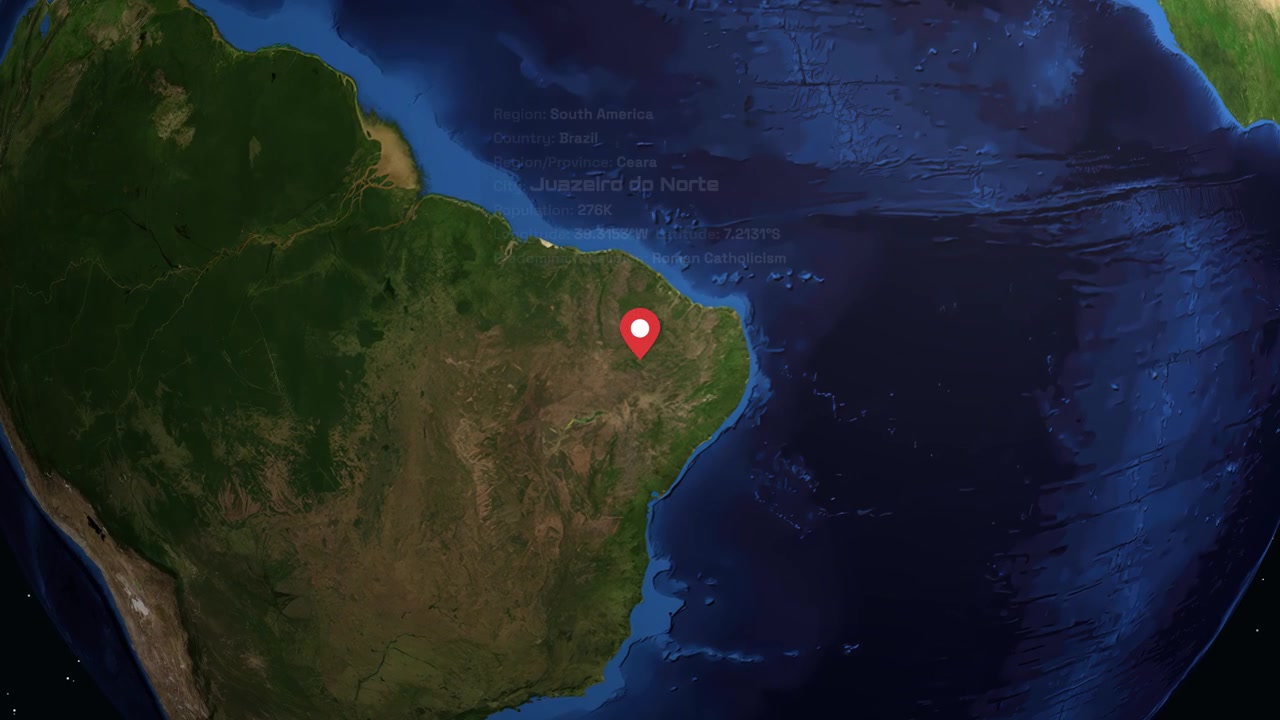 Digital globe rotates and zooms from space into Brazil, revealing specific city location and statistics