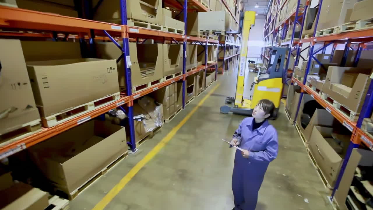Young female worker holding clipboard checking stock of product cardboard box on shelves of goods wholesale warehouse carrying paper checklist. Person walks down warehouse aisle reviewing inventory