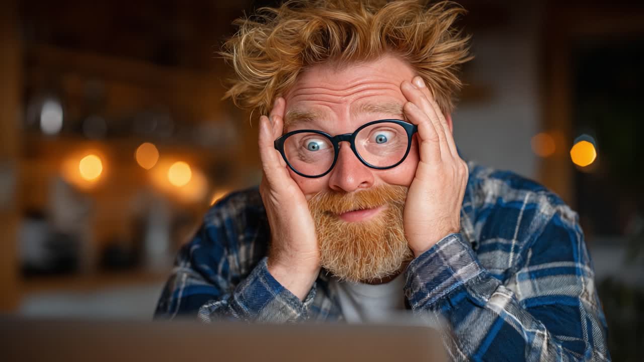 A Surprised Individual Showing Expressive Emotions While Gazing at a Laptop Screen, Featuring a Playful Reaction and Engaging Facial Expressions in a Cozy Atmosphere