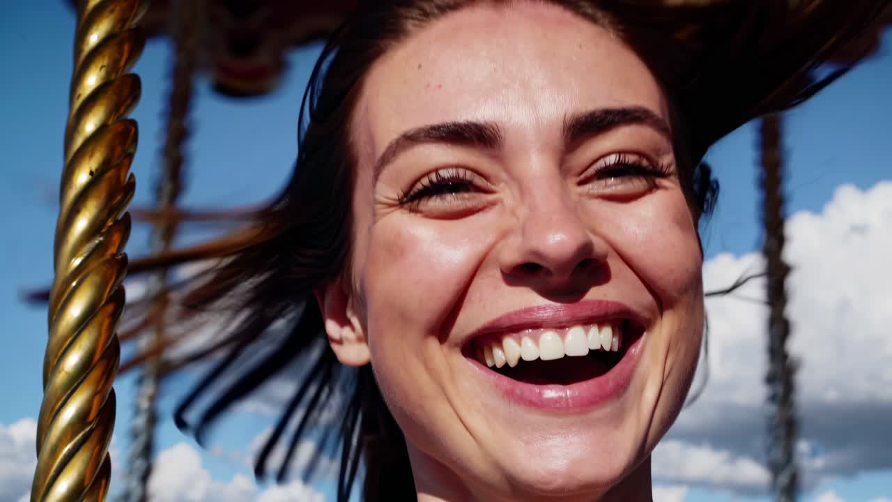 Joyful woman with flowing hair experiences exhilaration on a carousel, showcasing vibrant emotions and dynamic movement against a bright sky backdrop