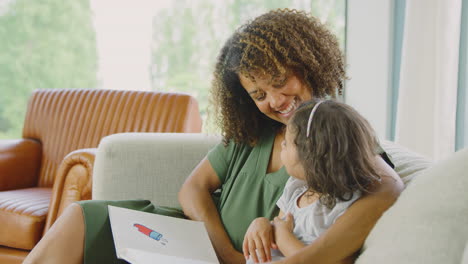 madre y hija amorosas sentadas en el sofá en casa leyendo un libro juntas