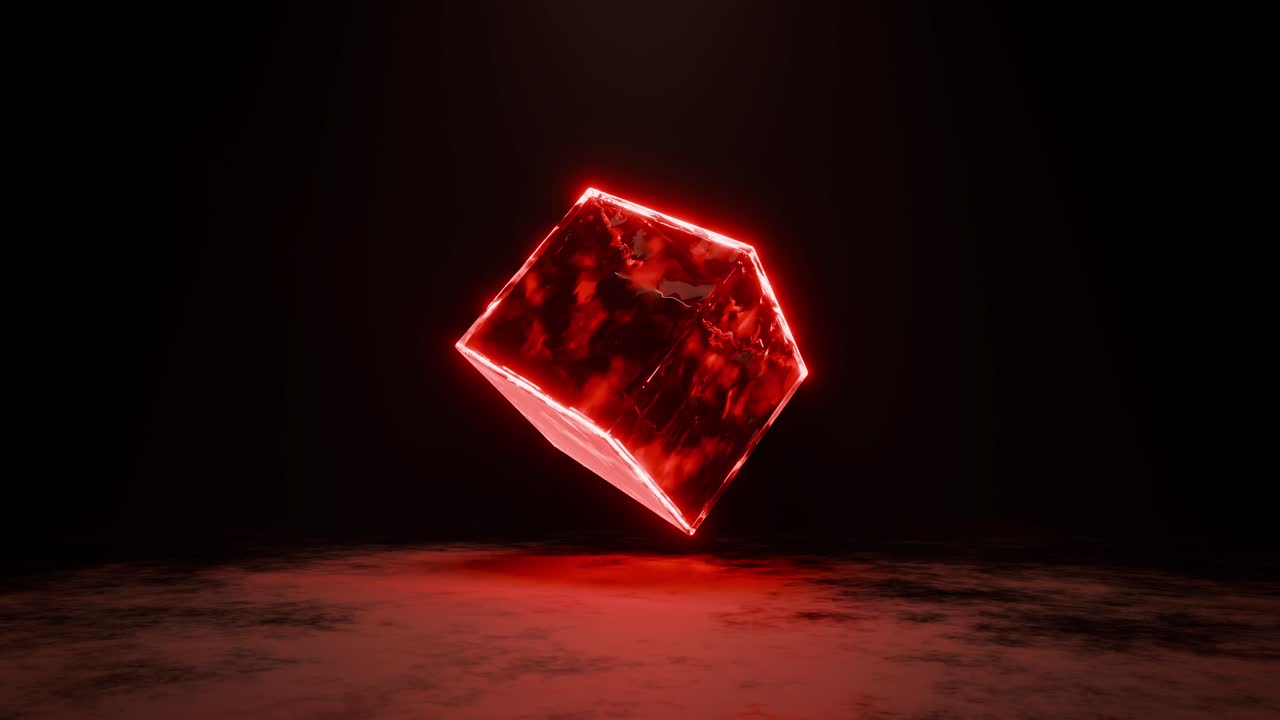 3D render animation loop of glowing neon cube and reflecting floor