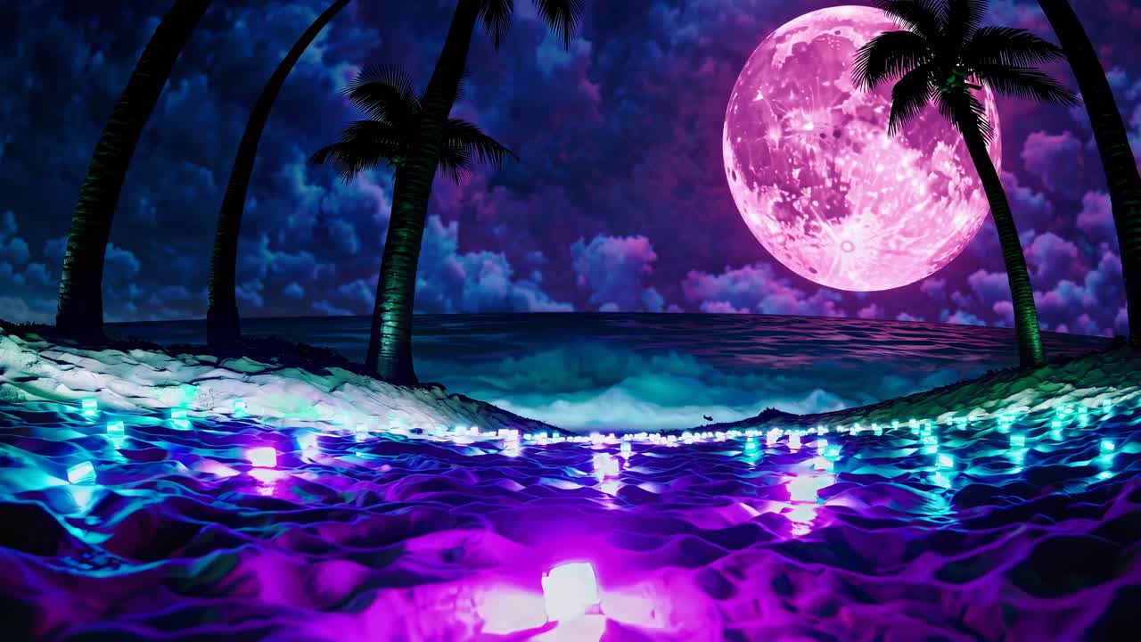Scena video surreale con una vista dal basso di palme contro un cielo vibrante illuminato dalla luna rosa