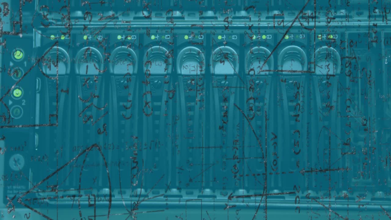 animación de datos matemáticos en primer plano de las luces parpadeantes del servidor de computadora
