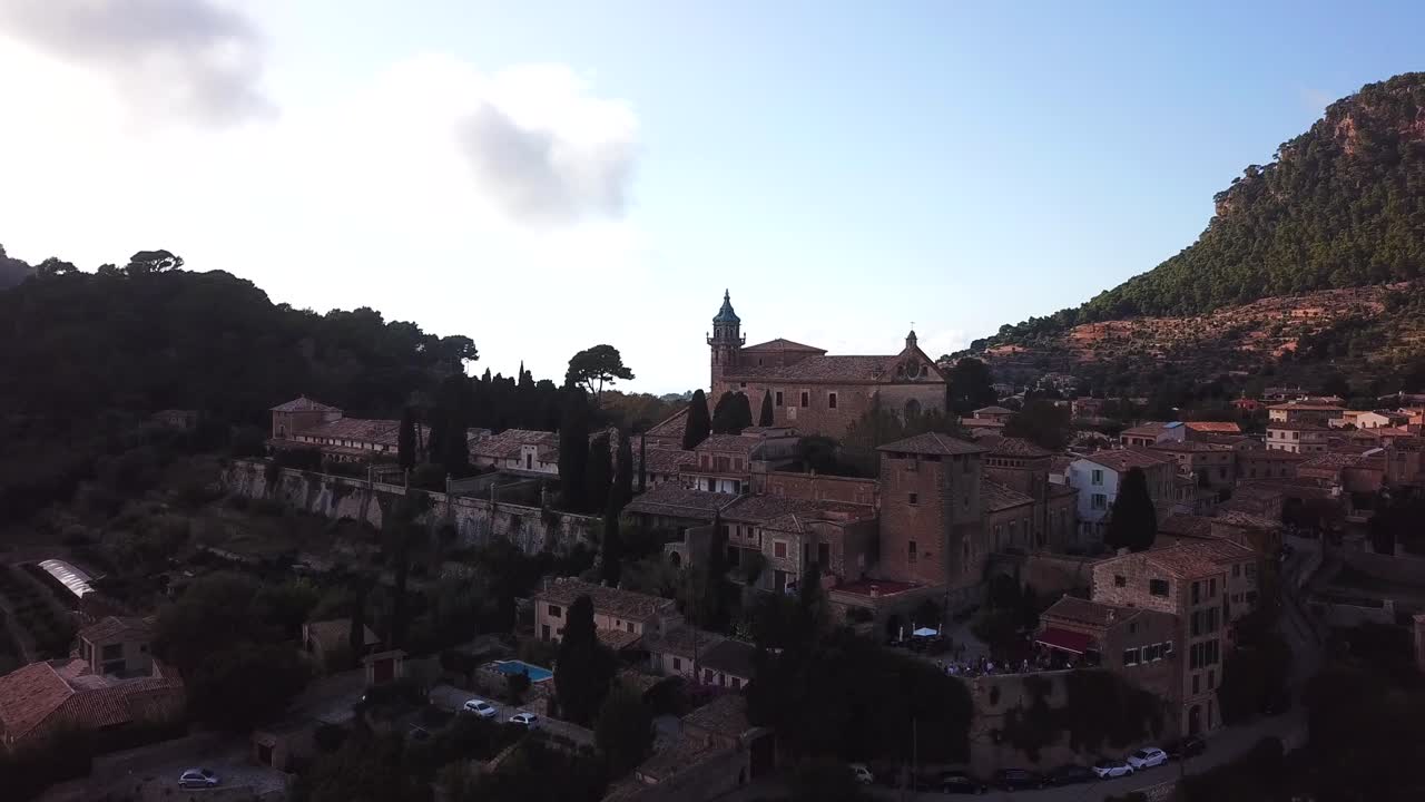 Aerial view of Valldemossa curch and cityscape, Mallorca, Spain, on a mountain valley