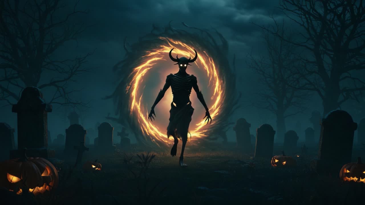 A Dark Sorcerer Emerges from a Mysterious Portal in an Eerie Graveyard During Halloween, Surrounded by Flickering Jack-o'-Lanterns and Shadows of Trees