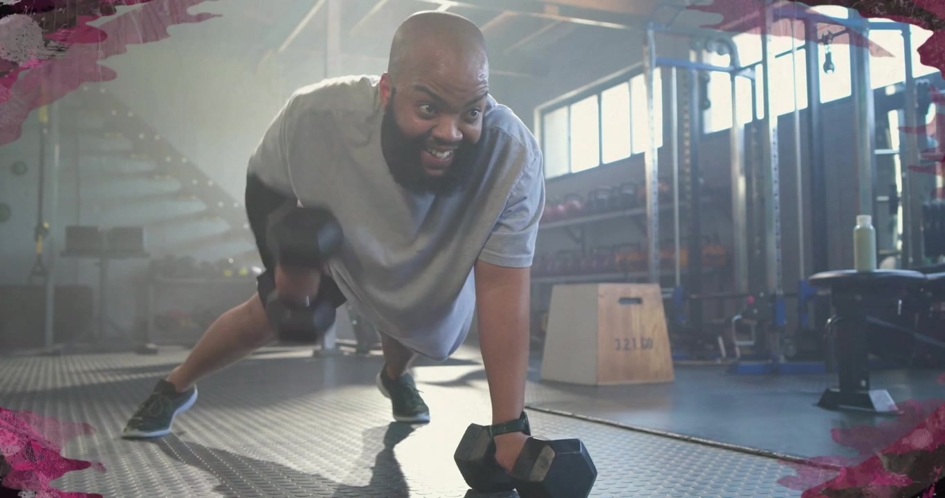 Bearded man starting pushup grip, switching weights rows on mat with animated reps for gym strength