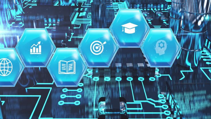 Animation of computer circuit board with digital icons