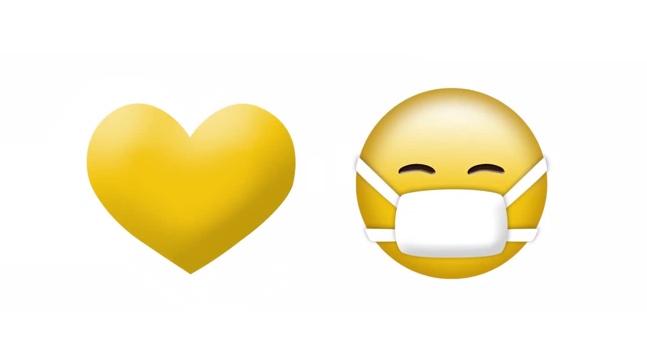 ⁇ 색 배경 위에 깨진 마음과 얼굴 마스크 이모지 아이콘의 애니메이션