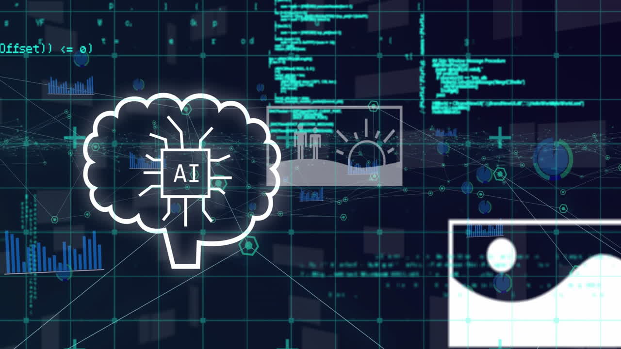 Animation of digital brain and network of connections over data processing on black background
