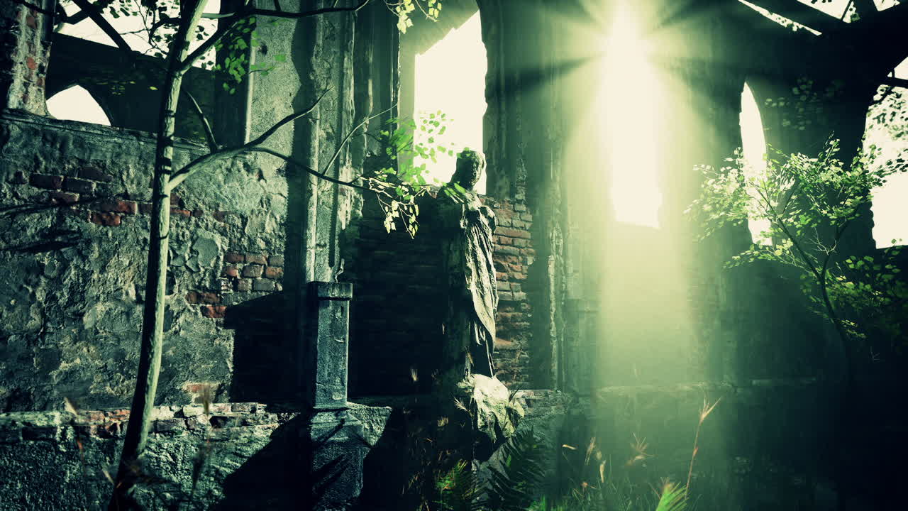 Sun shining through window of old monastery ruins