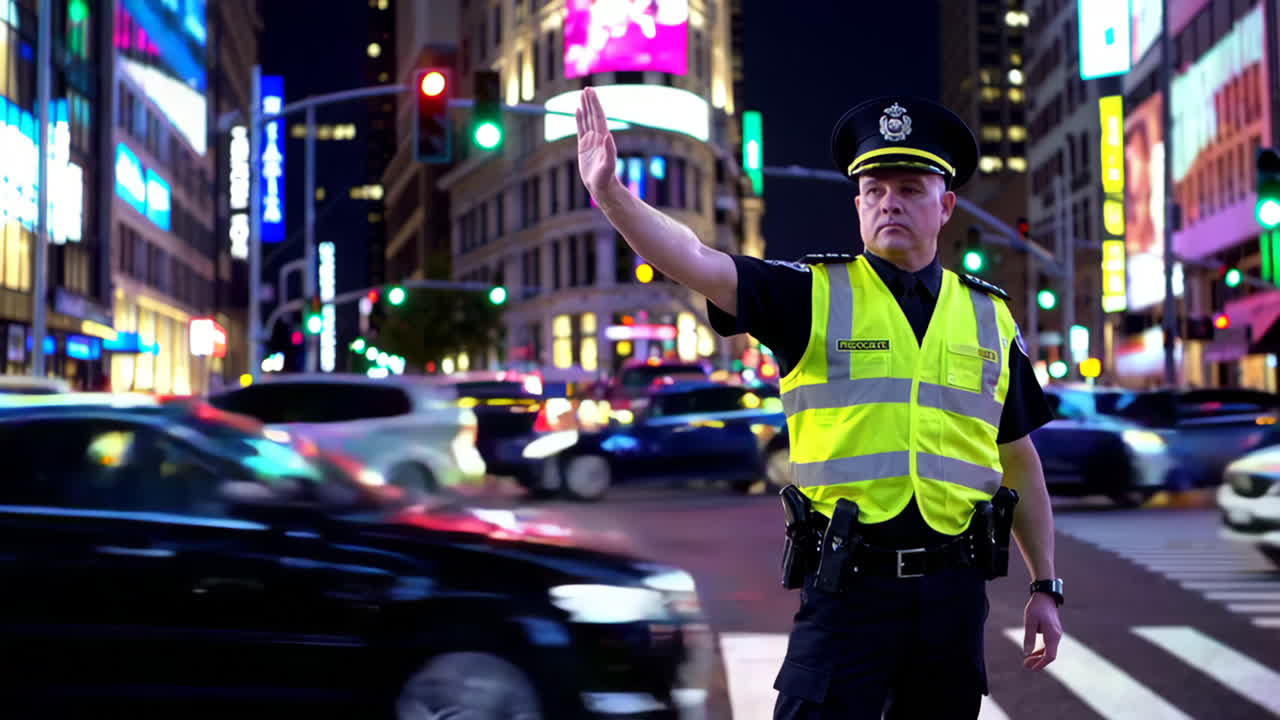 Police Officer Directing Traffic at Night