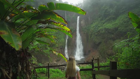 blond female tourist visiting hidden watefall in lush tropical valley