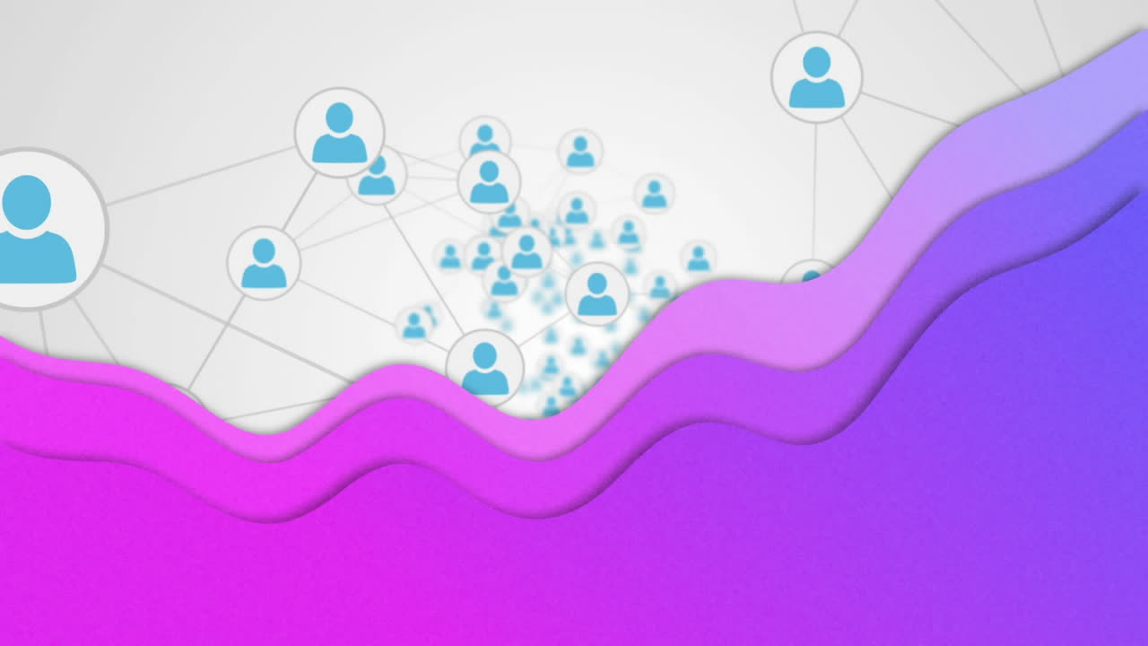 animación de redes de conexiones con iconos y formas púrpuras