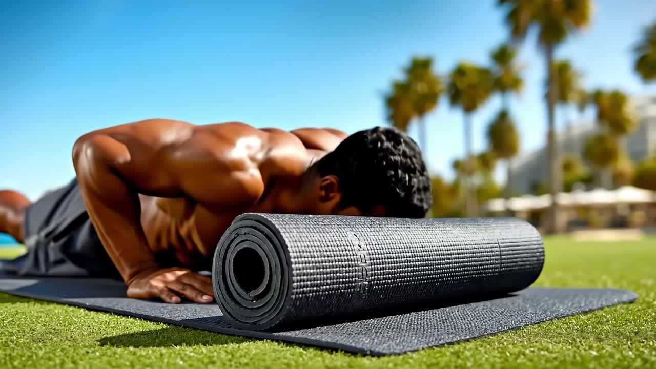 A man laying on a yoga mat on the grass
