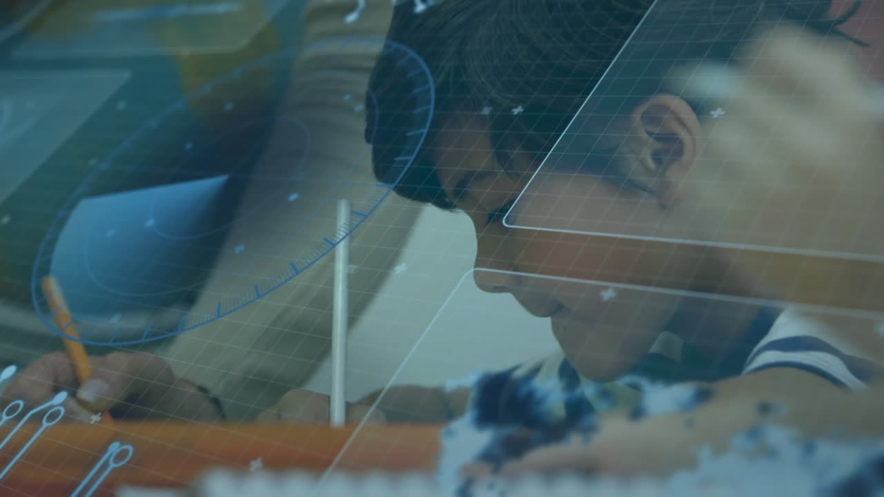 Boy guided by parent hand writing while fading digital grids and code illustrating education tech
