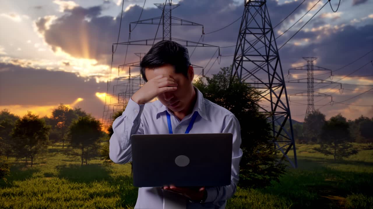 Stressed Engineer Working on Laptop Near Electricity Pylons at Sunset