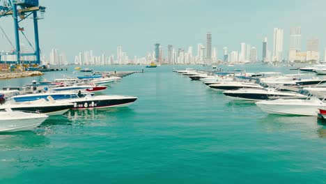 aerial drone shot of a marina, boats parking in colombia, cartagena