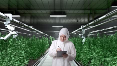 asian marijuana researcher taking note on a tablet while standing in the marijuana greenhouse with smart robotic farmers