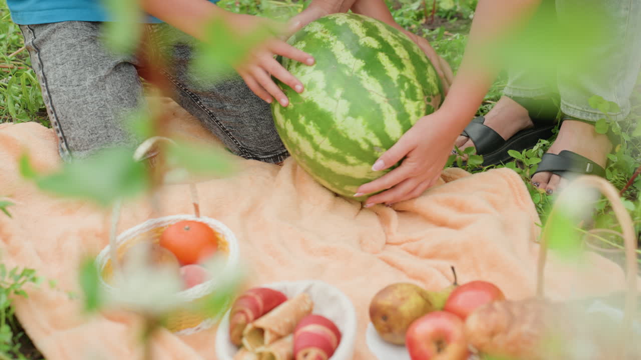 Sunlit orchard scene with colorful fruit display, Children and adults enjoying pleasant outdoor fruit feast, Delightful family gathering in sunny orchard sharing fresh fruits and laughter