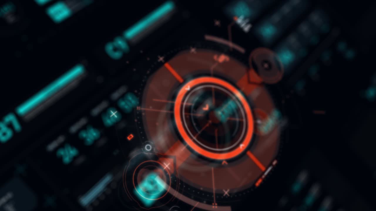 Target pointer and Futuristic user interface HUD GUI digital text number element for cyber technology concept with shallow depth of field dark and grain processed