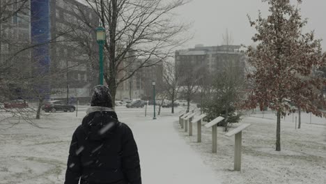 woman in black winter coat walks away on snow empty park trail