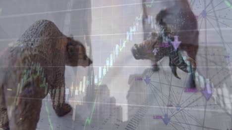 Animation-of-financial-data-processing-over-bear-and-bull-and-city
