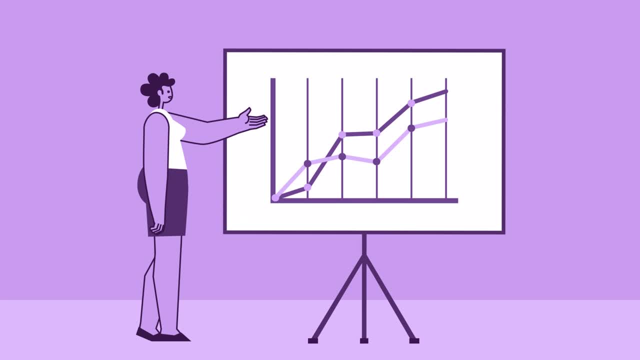 Purple Style Woman Flat Character Demonstrates Growth Chart on Graphboard. Isolated Loop Animation with Alpha Channel