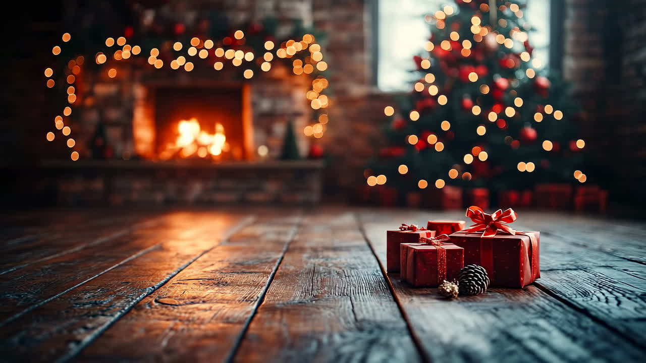 Accogliente scena natalizia con regali e albero. I regali con carta rossa sono appoggiati su un pavimento di legno vicino a un caminetto acceso e un albero di Natale decorato