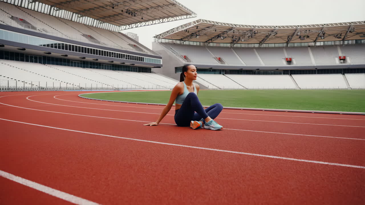 Young Woman Athlete Resting on Running Track in Empty Stadium