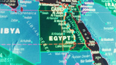 a close-up view of a map showing egypt, libya, and the middle east region