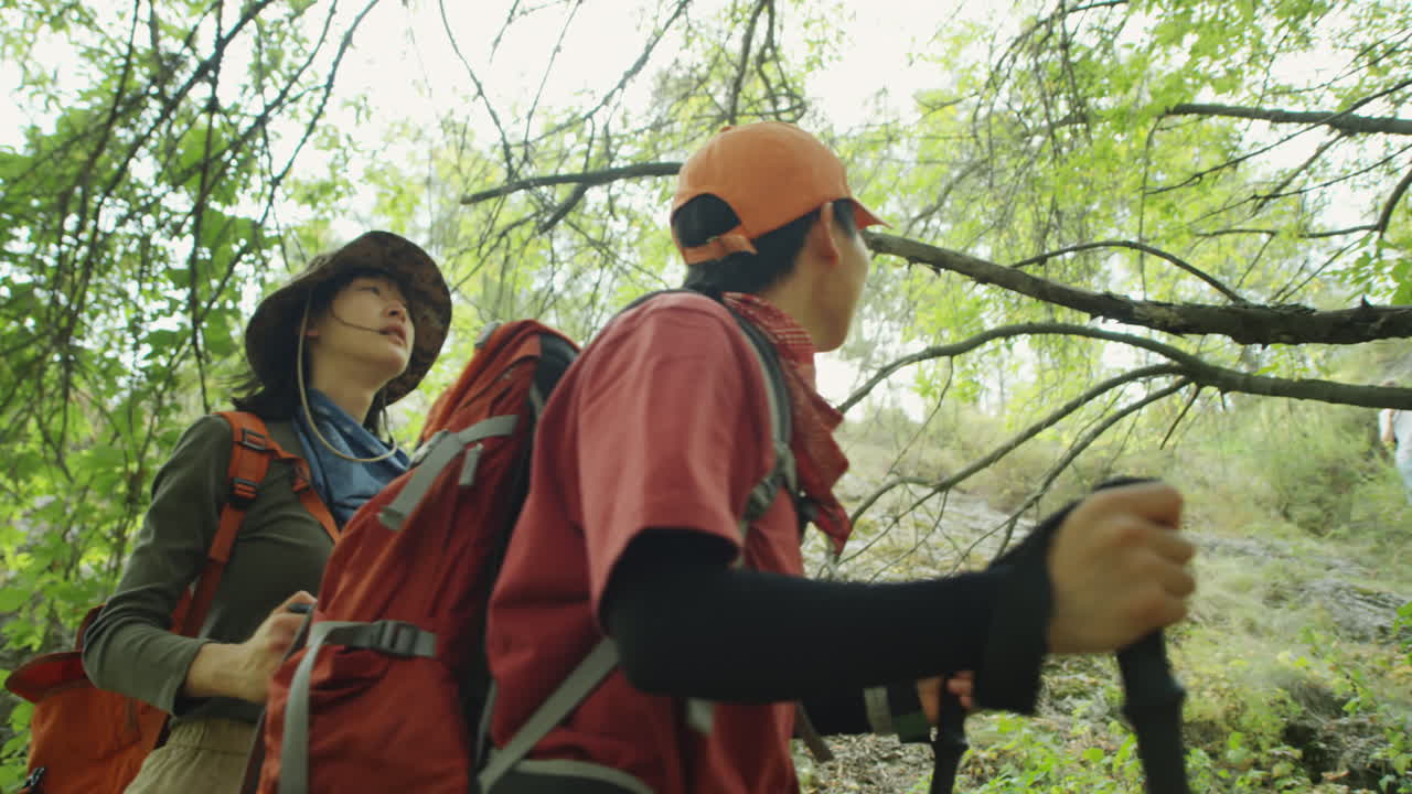 Asian Girls Hiking in Mountain Forest
