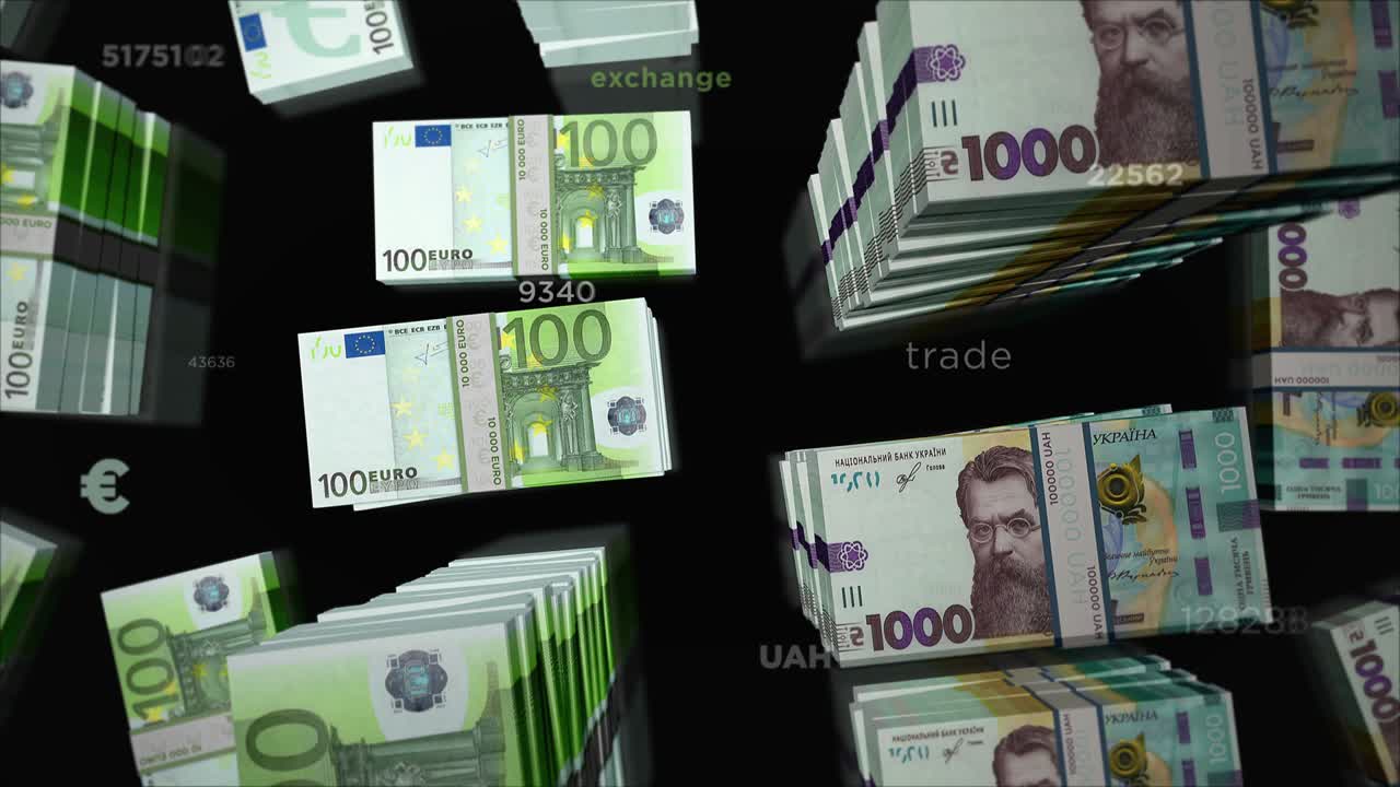 유로와 우크라이나 hryvnia 화폐 교환 루프 애니메이션