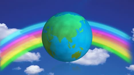 Globo-Terráqueo-Giratorio-Contra-Un-Cielo-Azul-Con-Un-Arco-Iris