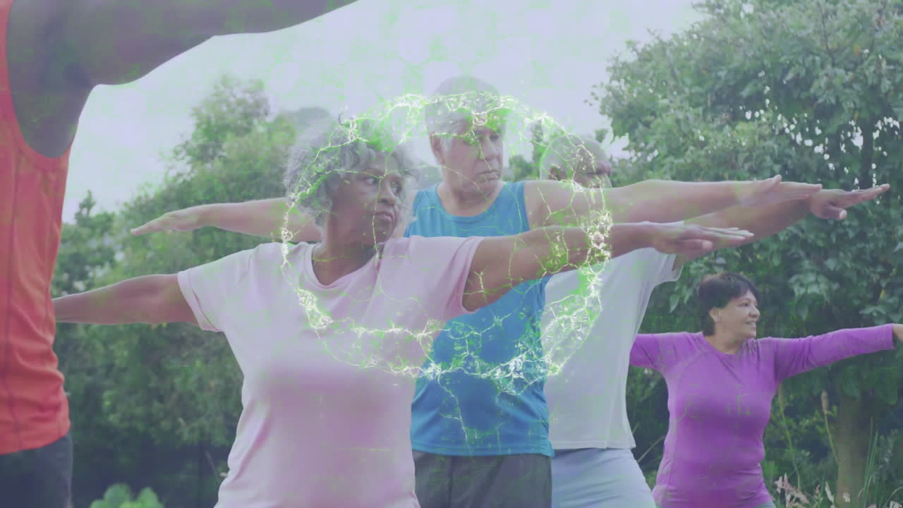 Diverse group practicing yoga outdoors with glowing network animation overlay