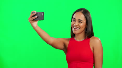 woman, green screen and selfie with smile