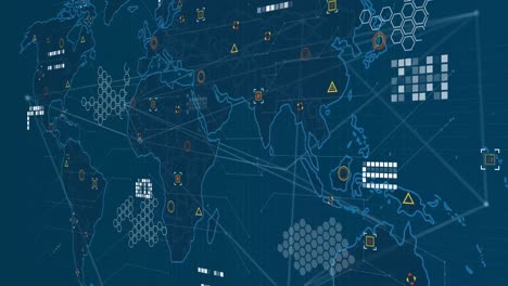 animation of network of connections and markers over world map with data processing