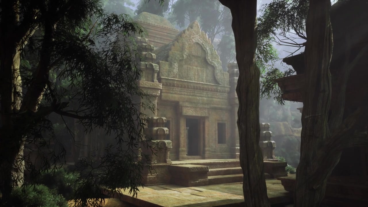 Misty temple secrets enigmatic temple revealed through thick fog and foliage