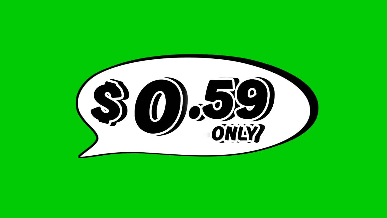 $0.59 price tag in speech bubble animation motion graphics on green screen background. Perfect for ads, e-commerce, retail, discounts, and promotion business concept video element