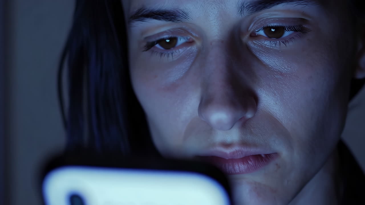 Woman looking at her phone at night