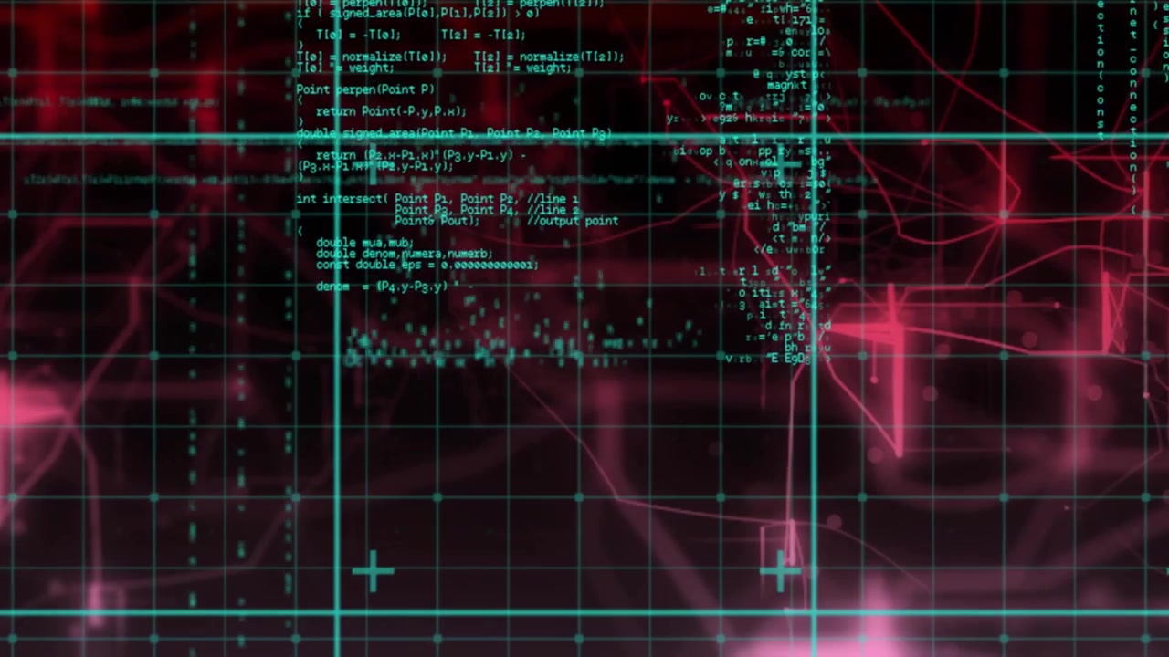 Grid appearing, interface animating code clusters shifting with pulsing filaments visualizing code