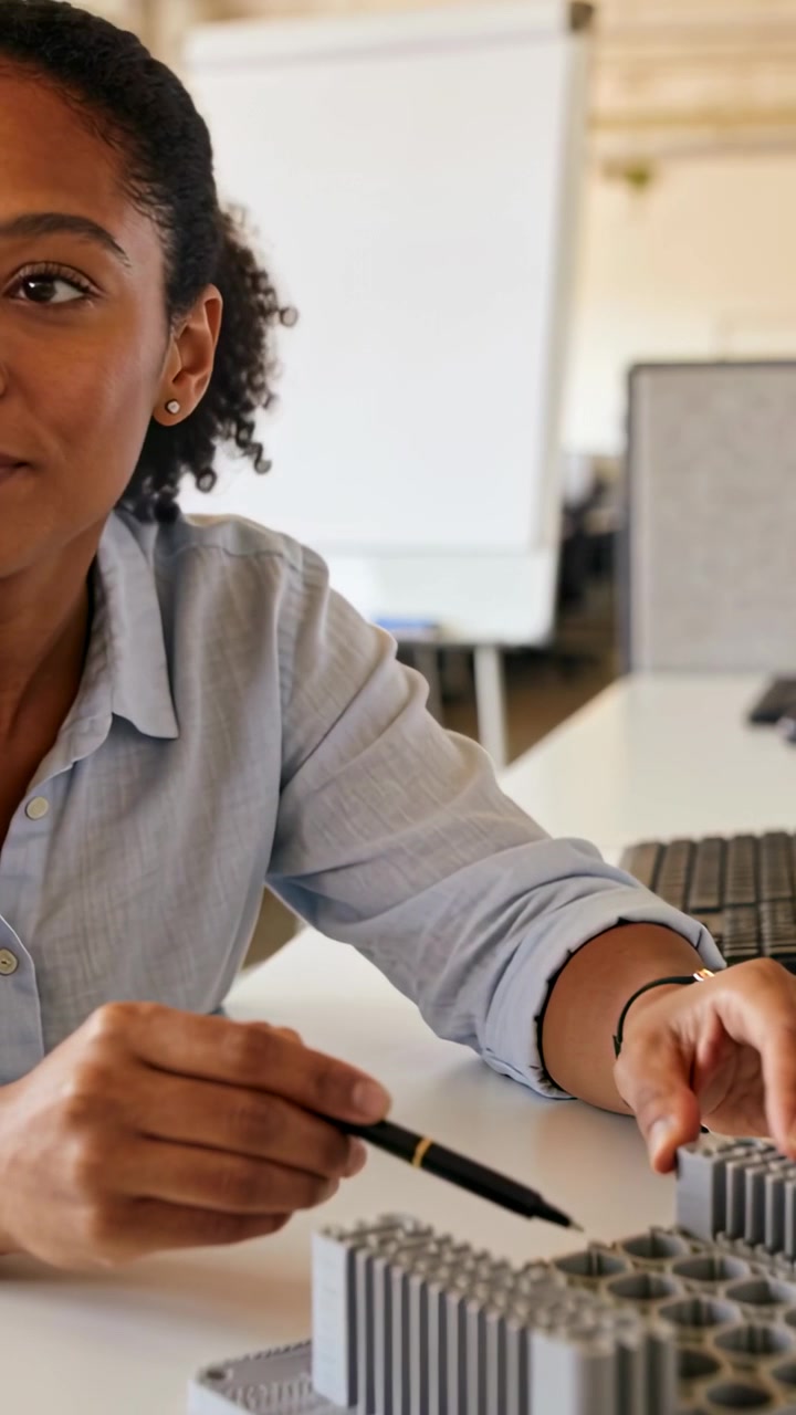 Vertical video: Answering prompt, woman in blue shirt pointing at gray model with black pen at desk