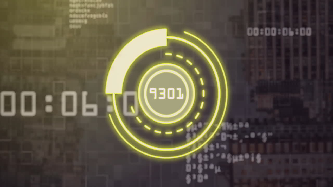 Digital countdown animation with numbers and circular graphics over cityscape background