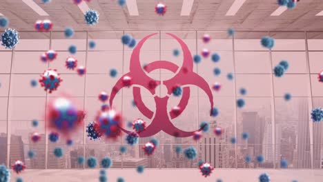 Animation-of-biohazard-sign-and-covid-19-cells-floating-over-cityscape-on-pink-background
