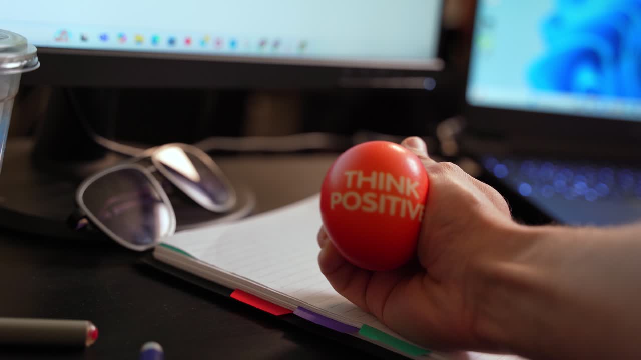 Hand squeezing “THINK POSITIVE” stress ball at desk with glasses and notebook. Perfect for wellness, motivation, productivity, and mental health visuals.