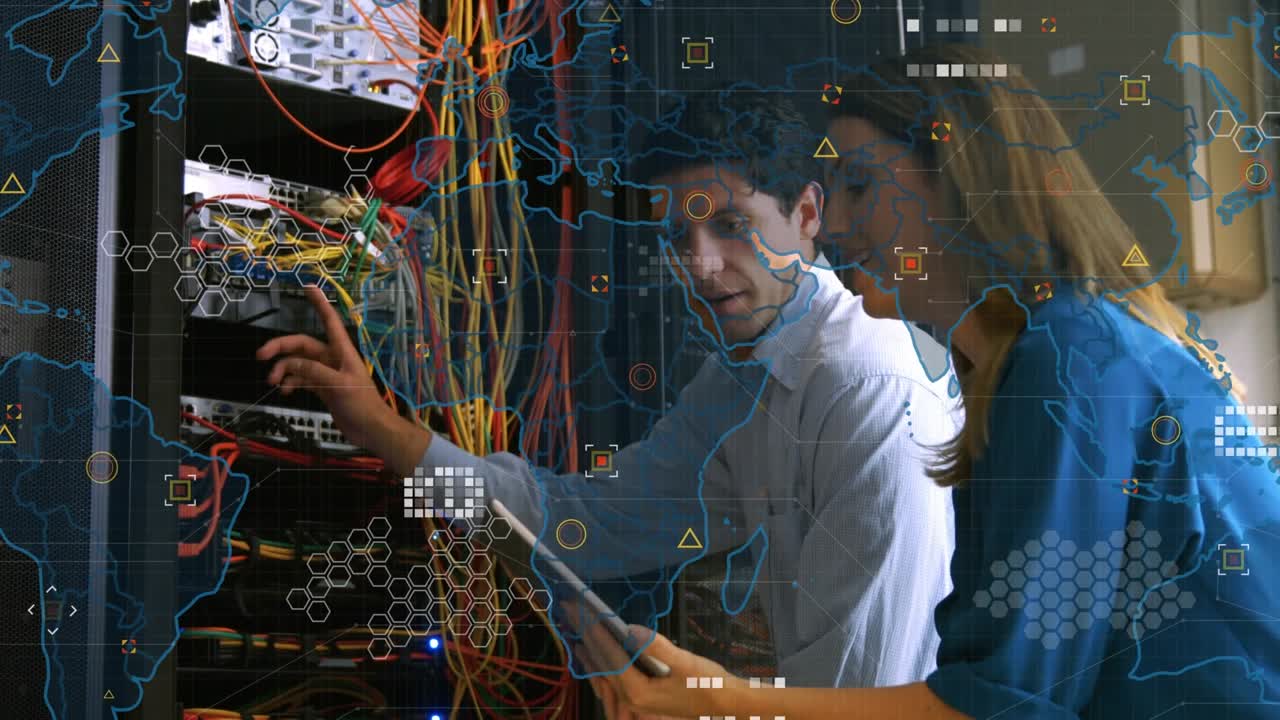 Animation of world map over diverse business people in server room