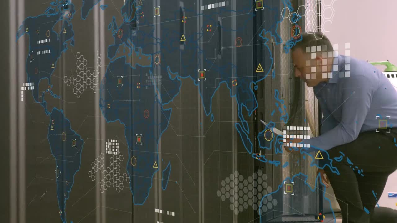 Animation of world map over caucasian businessman in server room