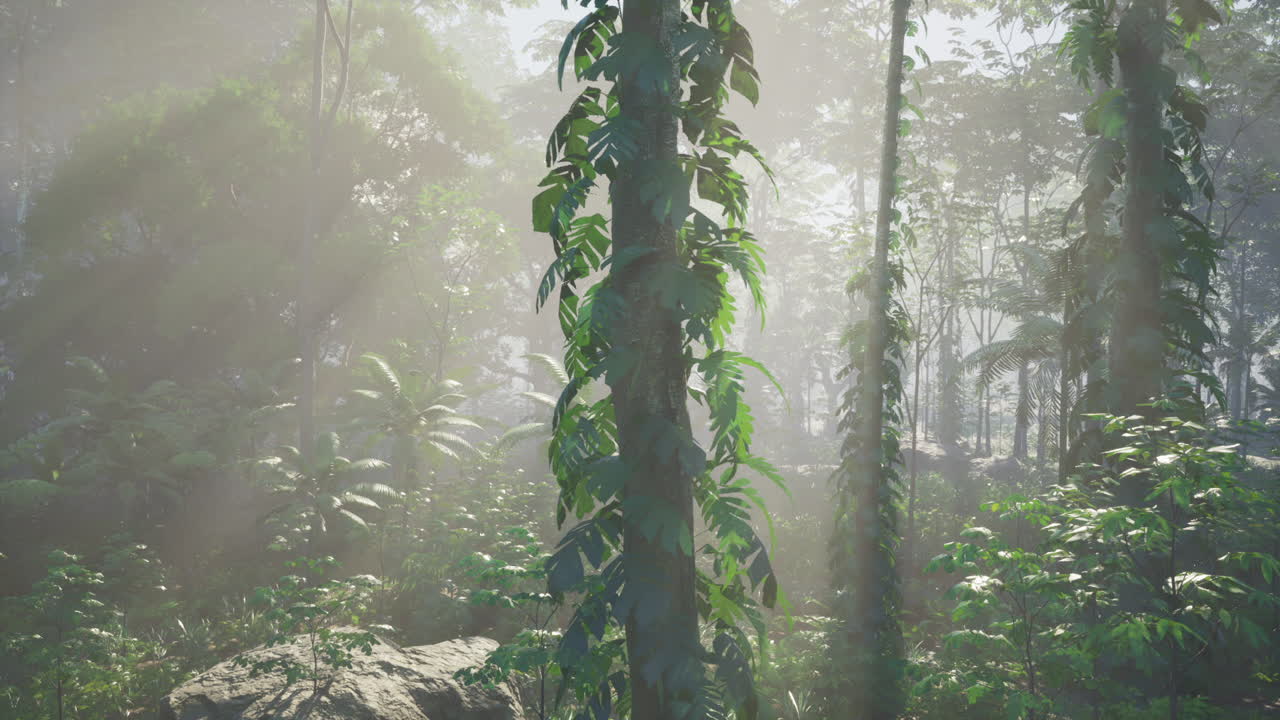 la luz del sol brillando a través de una densa selva tropical
