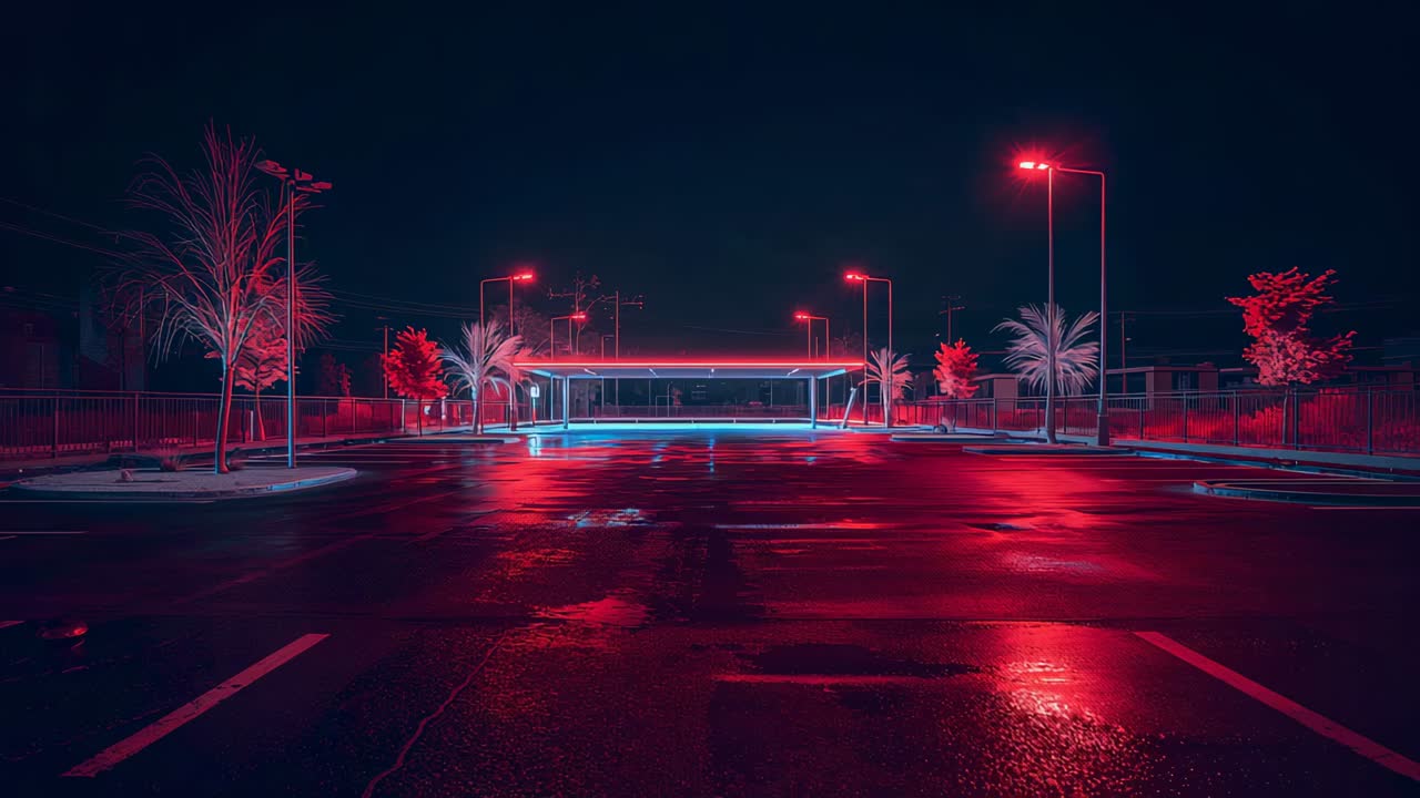 Fluctuating neon canopy responding to flickering lamp light, casting cyan glow across wet asphalt