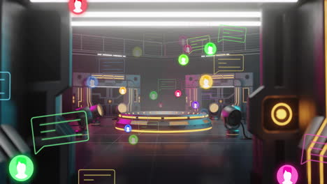 animation of media icons and shapes over cyber room